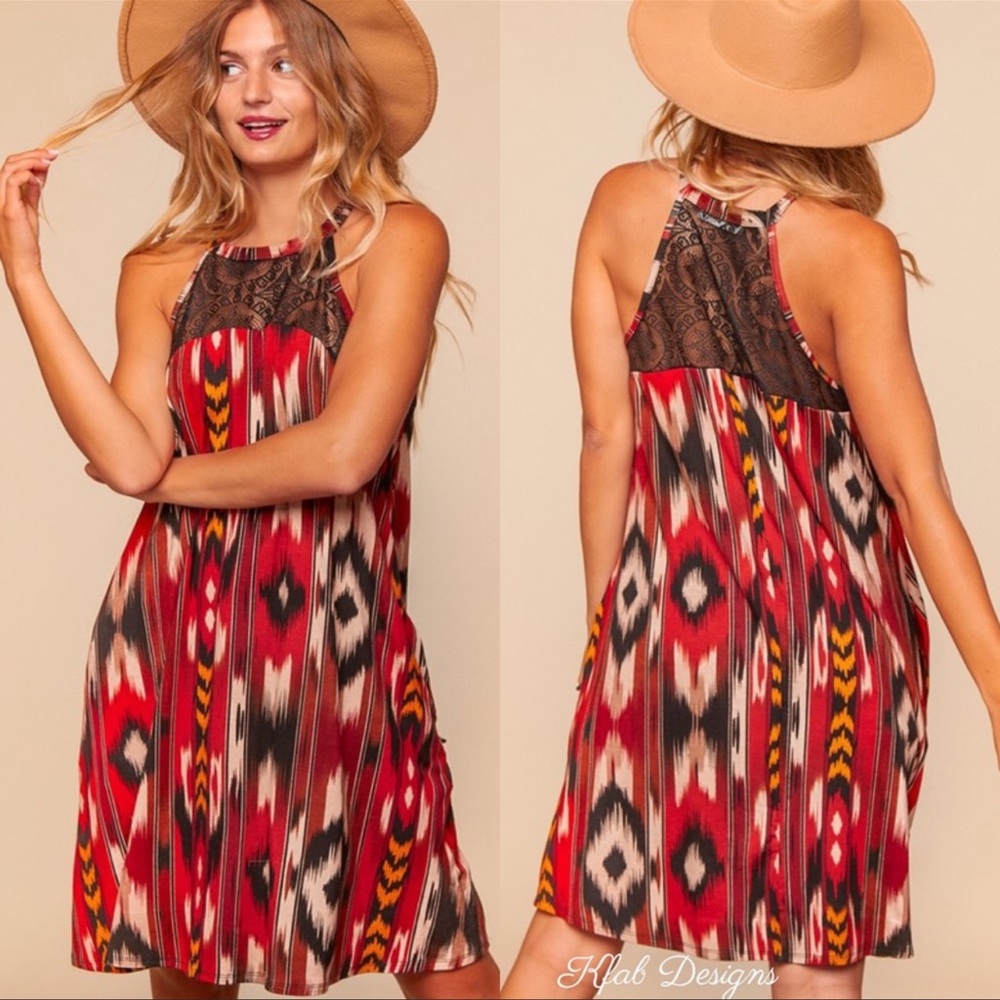 ❤️Crochet Lace Dress Aztec Print, Lace & Pockets